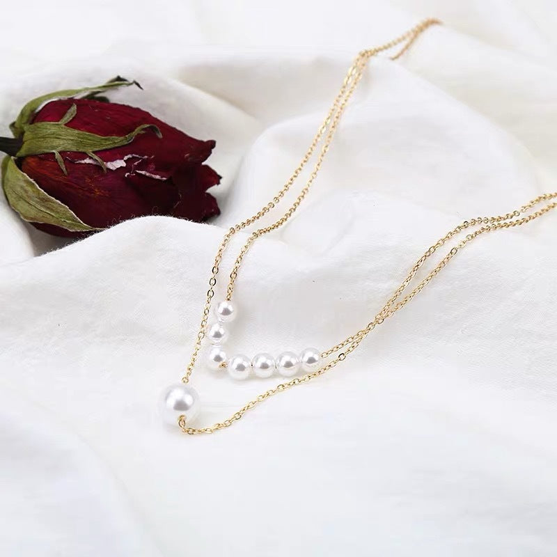 Metal Double-layer Pearl Clavicle Chain Shows Thin Temperament Korean Ins Style