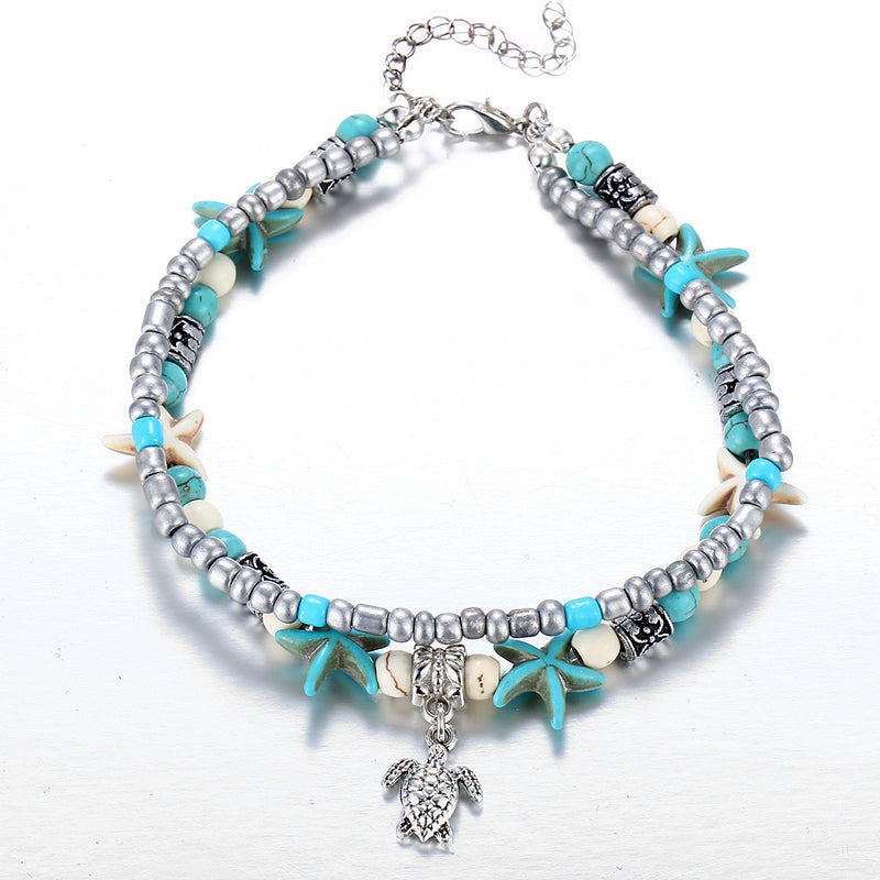 Minimalist Starfish with Green & Blue Accents Beaded Anklet