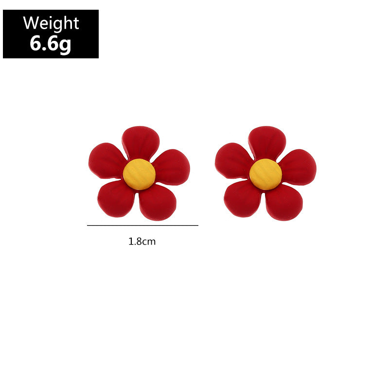 Simple Personality Trendy Drip Glaze Heart-shaped Temperament Small Red Flower Earrings