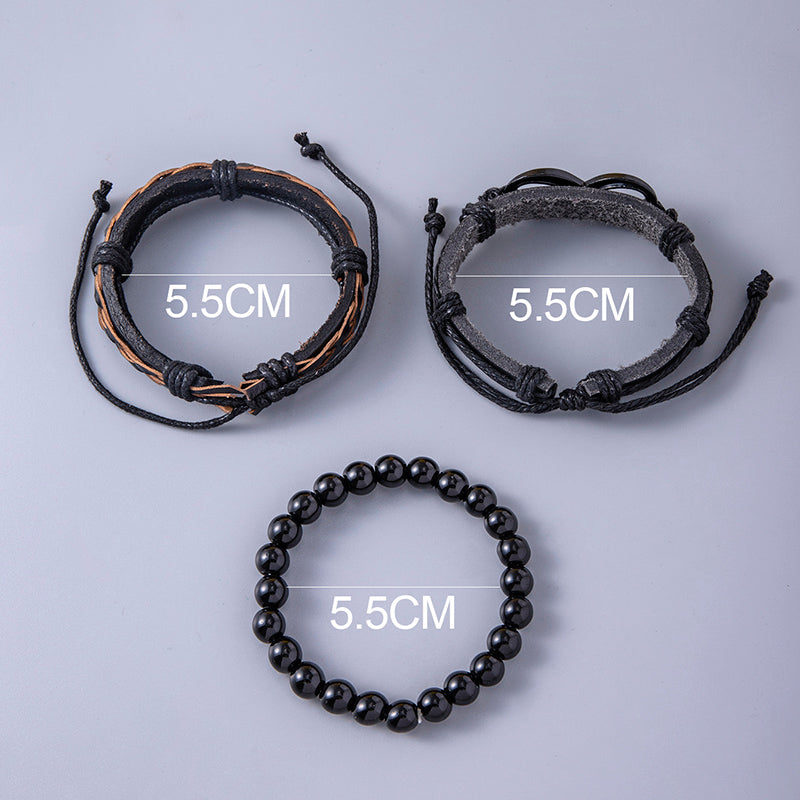 Punk Black Braided Leather Wrap Bracelet Vintage Infinity Symbol Charms Beaded Bracelets For Men