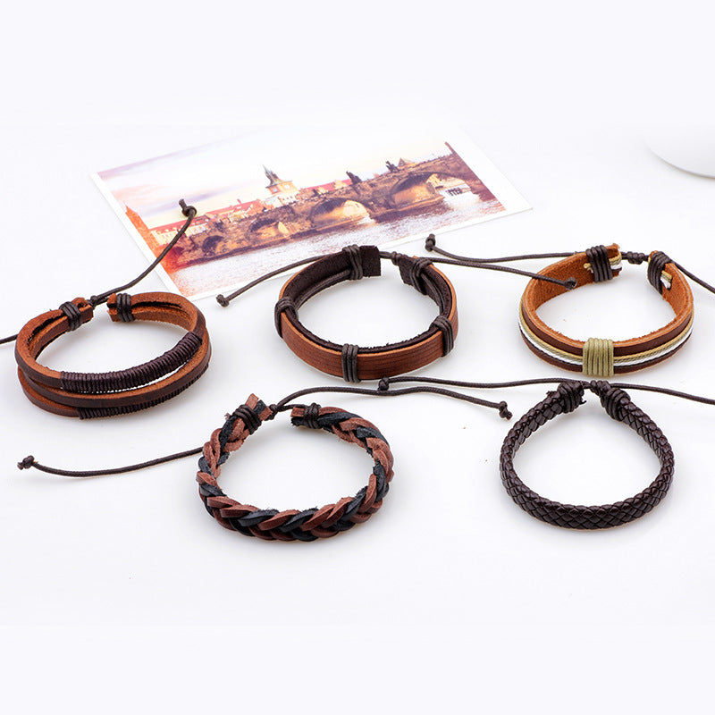 Men's Five-Piece Brown Cowhide Leather Woven Bracelet Set