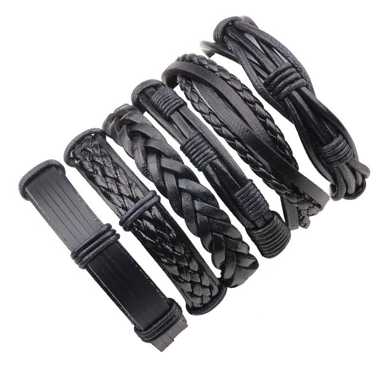 Men's Five-Piece Brown Cowhide Leather Woven Bracelet Set