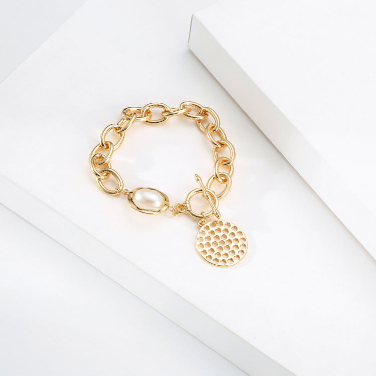 Chain Pearl OT Buckle Hollow Disc Bracelet