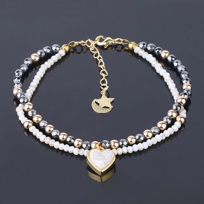 Hematite Bracelet Heart Shaped White Crystal