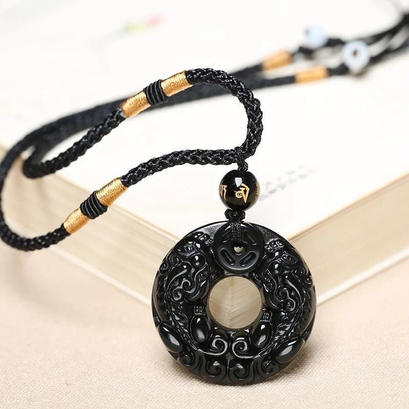 Obsidian Double Pixiu Round Button Pendant Necklace