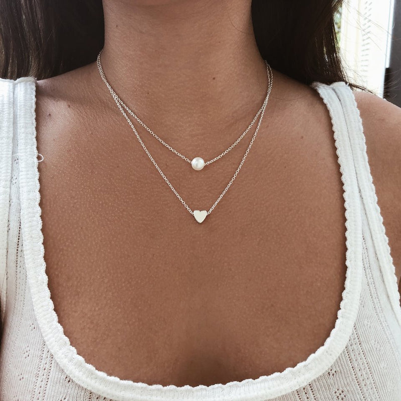 Bohemian Fashion Simple Pearl Love Double Clavicle Chain Necklace