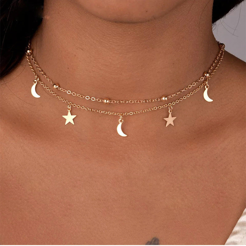 Simple double layer sequins moon and stars short necklace