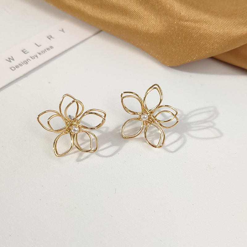 South Korea's New 925 Silver Needle Stud Earrings Three-dimensional Double Hollow