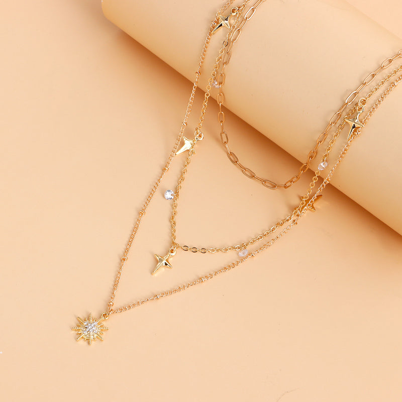 Fashion Gold-plated Double Crystal Pendant Necklace