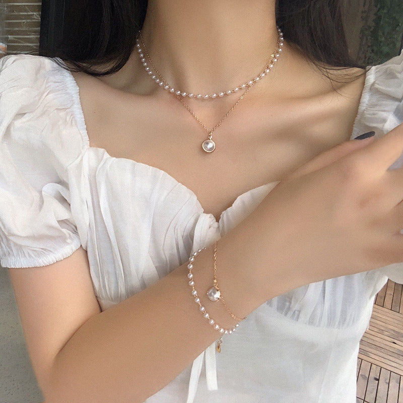 Simple Double Layer Pearl Necklace Female Tide Clavicle Chain