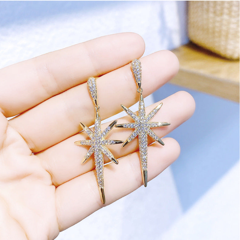 Fashionable Feminine Eight-pointed Star Long Silver Needle Earrings