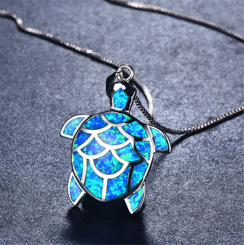 Blue opal ladies cute little turtle necklace