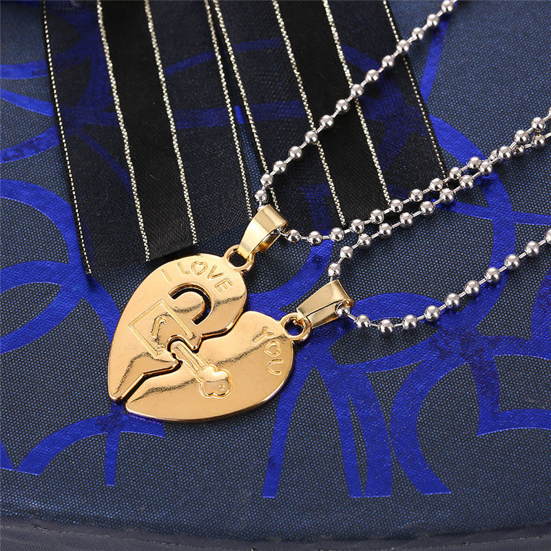 Golden Love Stitching Key Lock Pendant Round Bead Chain Necklace