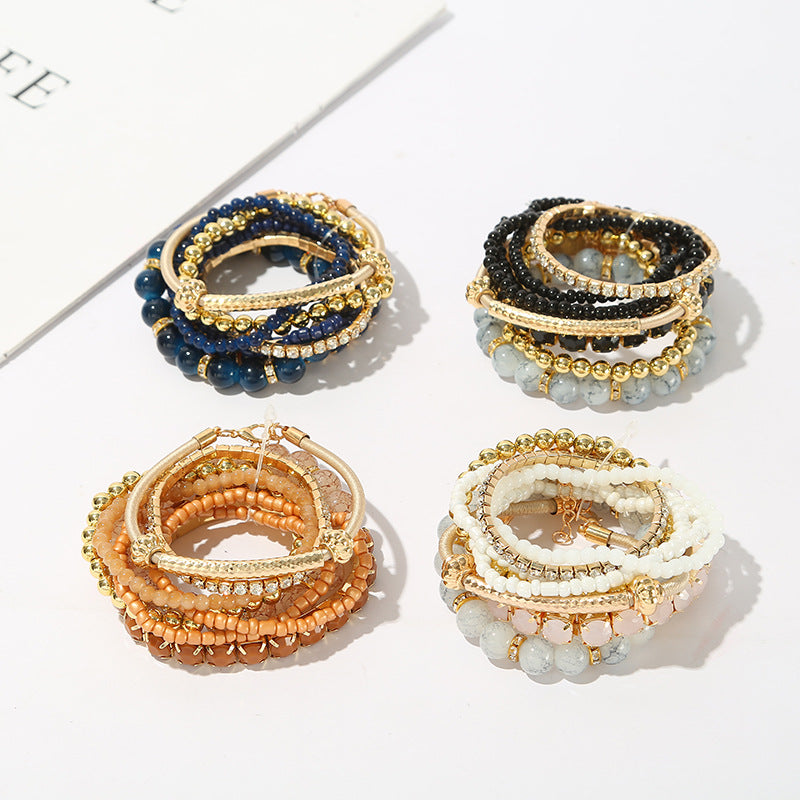 Multilayer Glass Bead Crystal Elastic Set Bracelet Jewelry