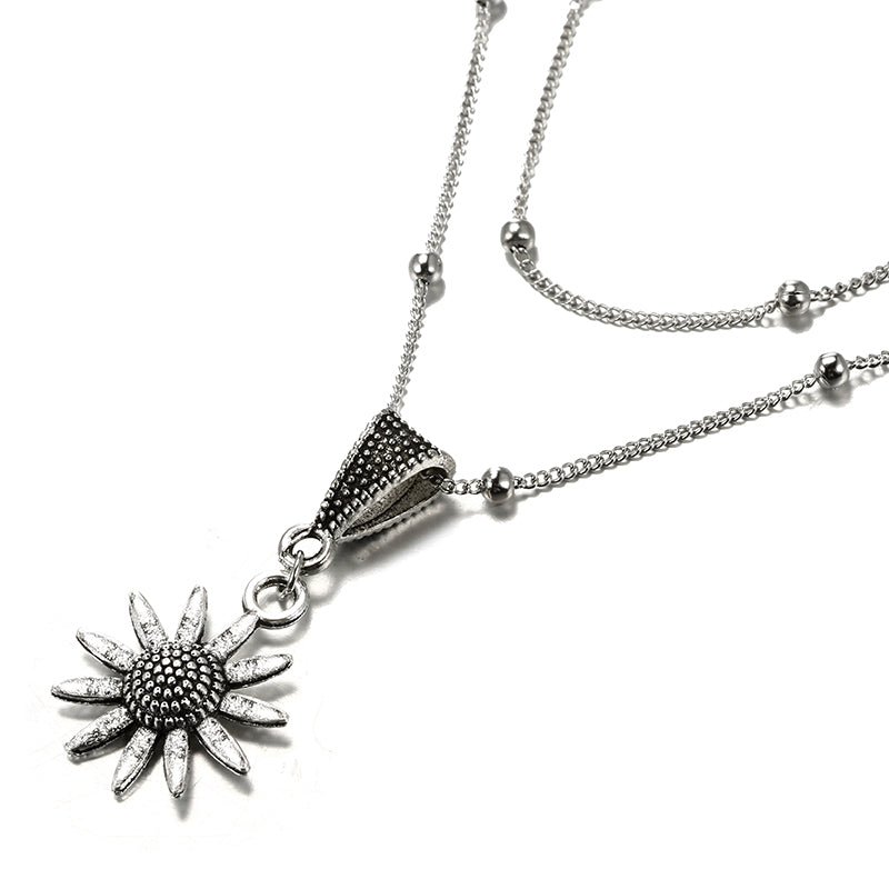 Alloy Sunflower Pendant Double Necklace Lady