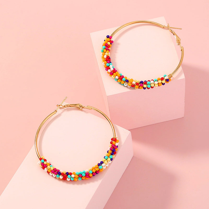 Bohemian Ethnic Style Multicolor Rice Beads Exaggerated Golden Large Circle Earrings