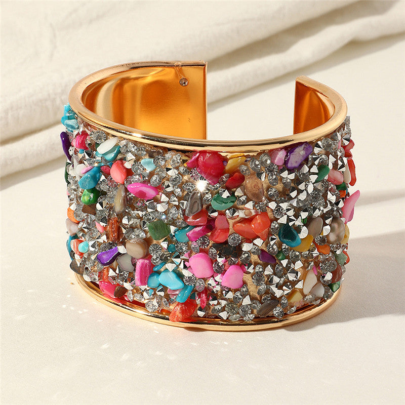 Exaggerated Metal Bracelet With Colored Diamonds And Gravel Bracelet