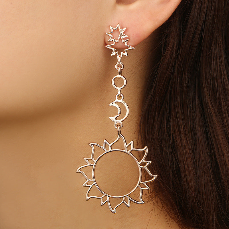 Pentagram Moon Alloy Asymmetric Sun Long Earrings