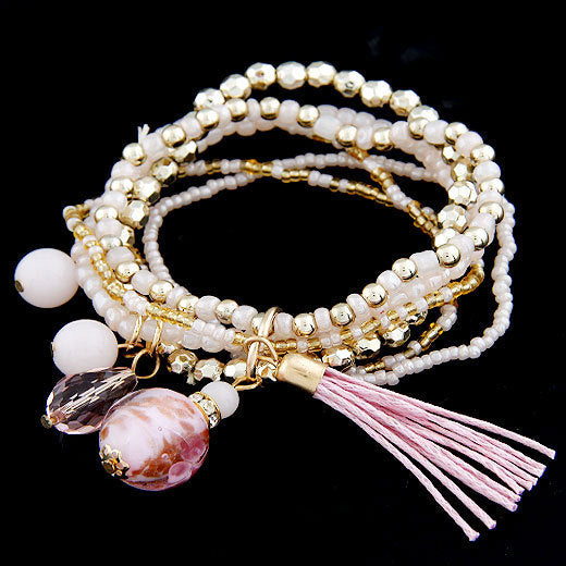 Rice Beads And Glass Tassels Multi-layer Stretch Bracelet