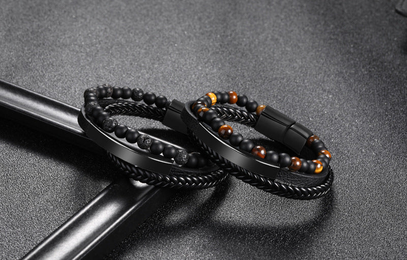 Multi-layer Leather Braided Bracelet Men's Punk Handmade Alloy Magnetic Snap Bracelet