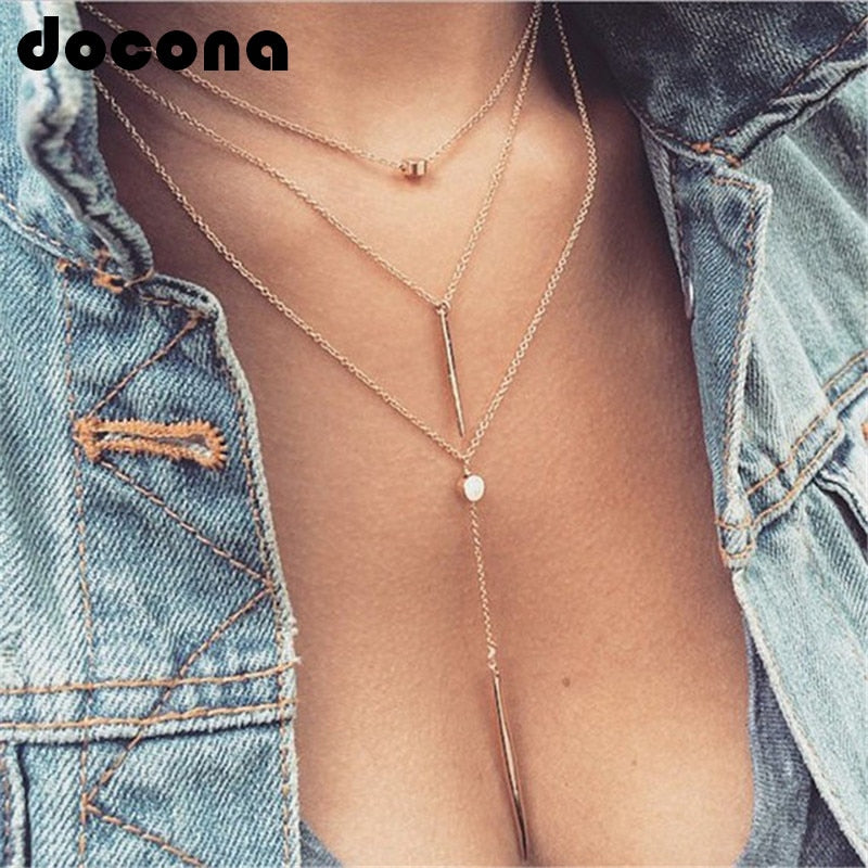 Korean version of the stylish personality of the small dot metal strips of the multi-layer clavicle chain necklace