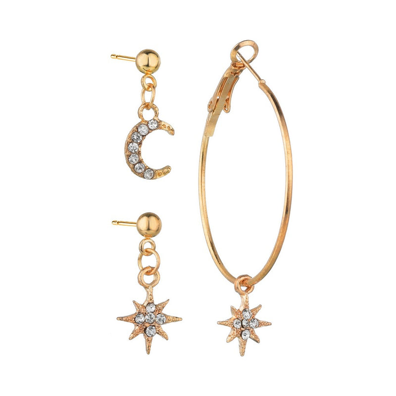 Asymmetrical Star and Moon Stud Earrings