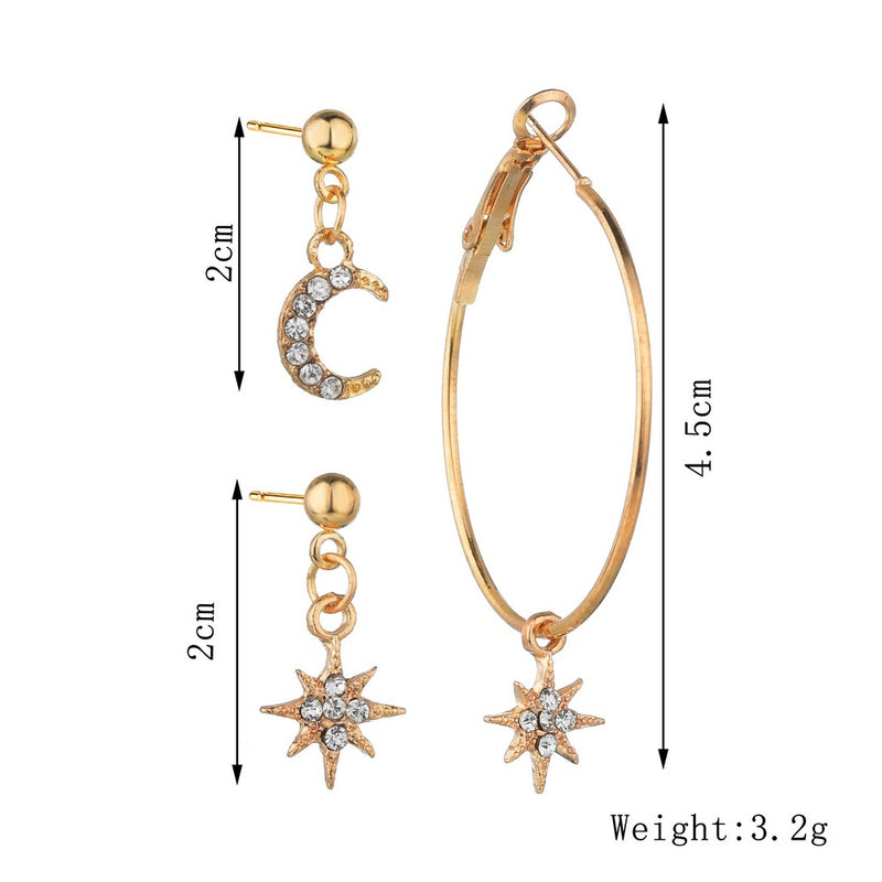 Asymmetrical Star and Moon Stud Earrings