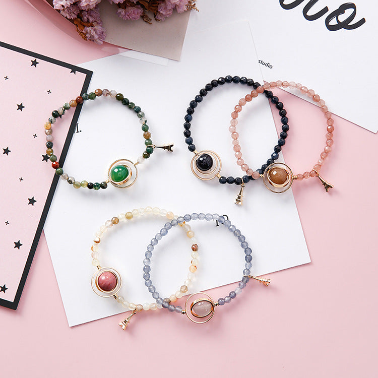 Women's Sweet Simple Hollow Geometric Round Crystal Beaded Bracelet With Tower Charm