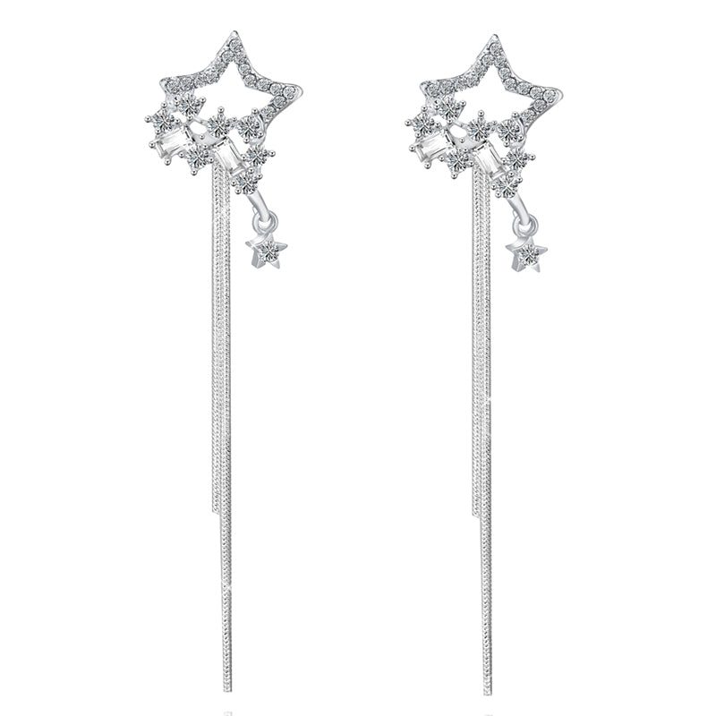 Long Silver Five-Pointed Star Earrings