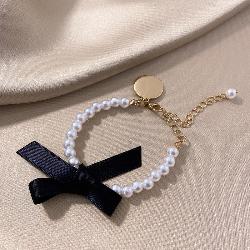 Pearl Beaded with Black Bow & Letter Bracelet