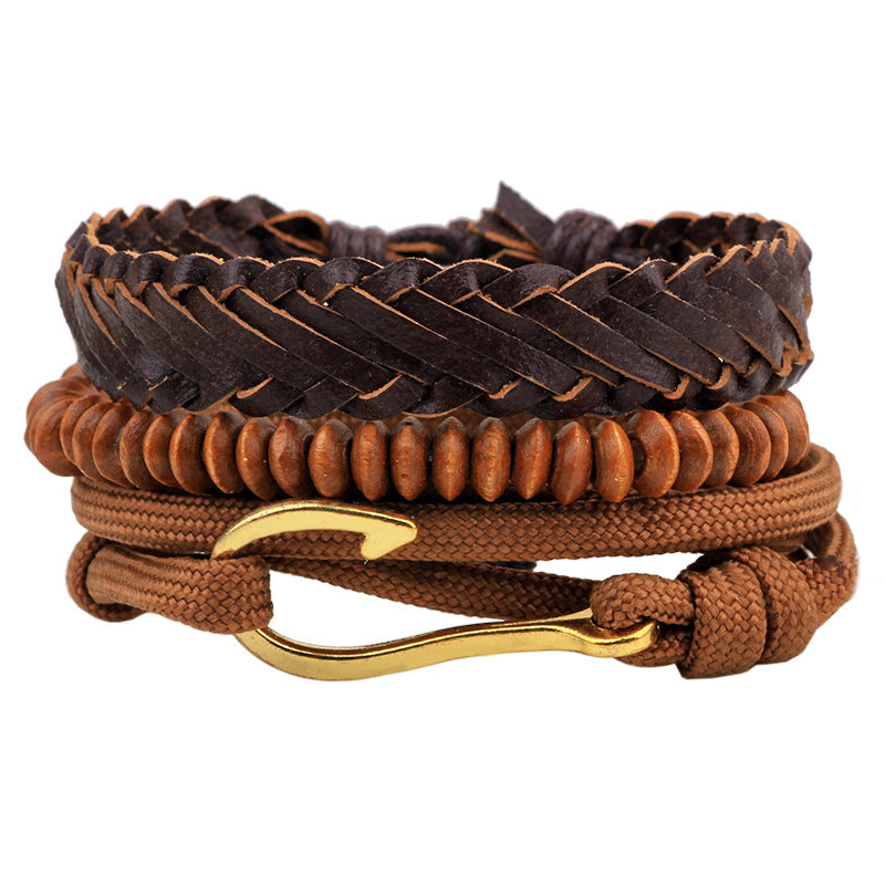 Ornament Multi-Root Combination Bracelet Handmade Cowhide Wooden Bead Beaded Weave Bracelet