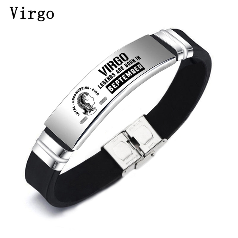 Engraved 12 Constellation Zodiac Sign Stainless Steel ID Bracelet Silicone Bangle