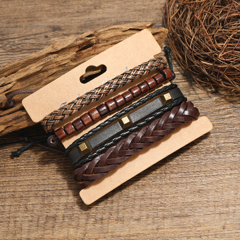 New European And American Fashion Bracelet Retro Braided Leather Rope Set