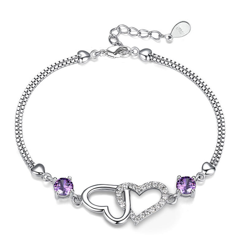 Women's Silver Plated Natural Amethyst Heart Bracelet