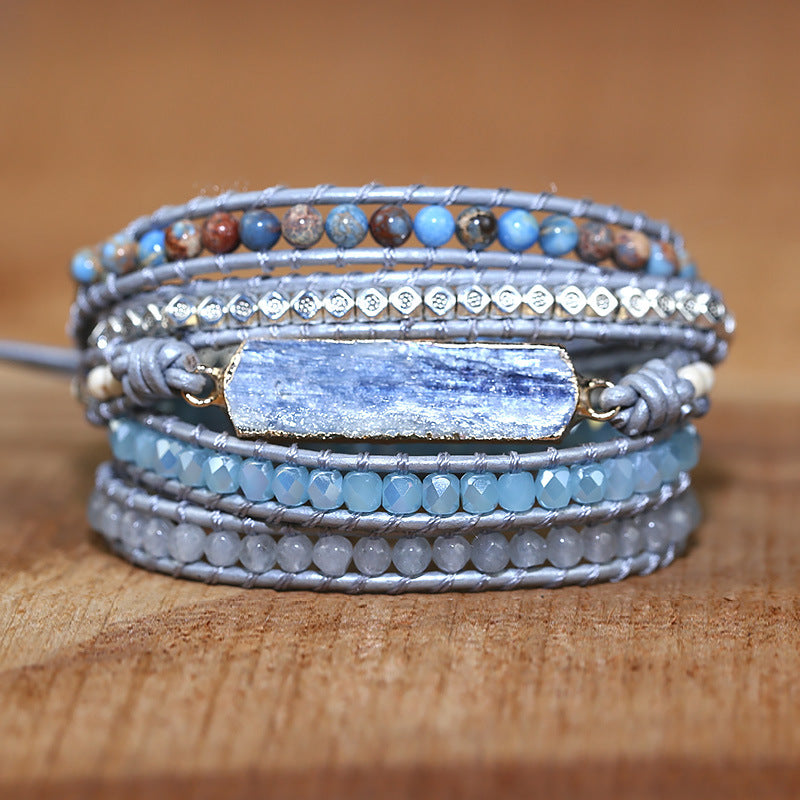 Women's Natural Sapphire Stone Handwoven Leather Bracelet