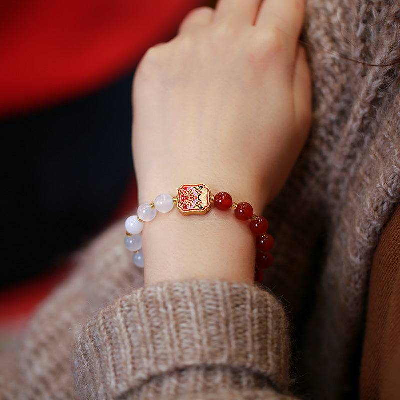 Women's Natural Double Spell Red White Agate Year Animal Bracelet