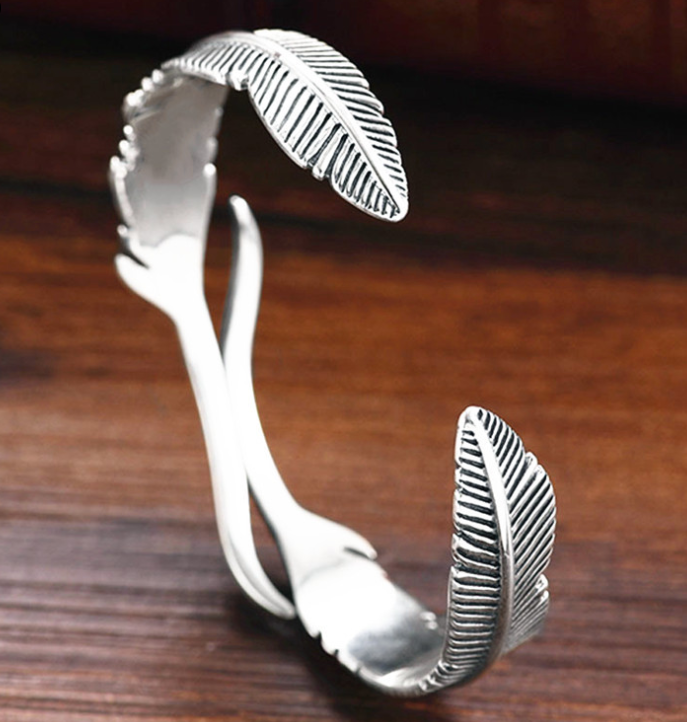Minimalist Thai Silver Double Feather Bangle Bracelet