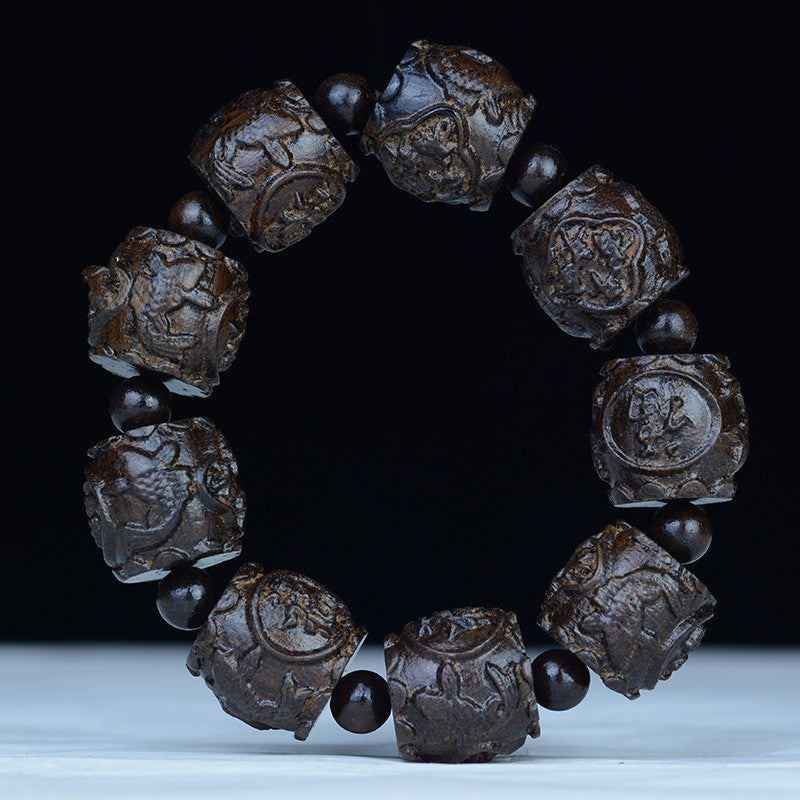 Black Leather Bracelet With Leather Gray Eighteen Arhats Carved Head Beads