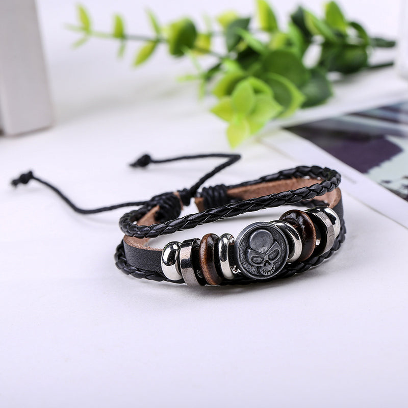 Hand Woven Leather Bracelet With Skull