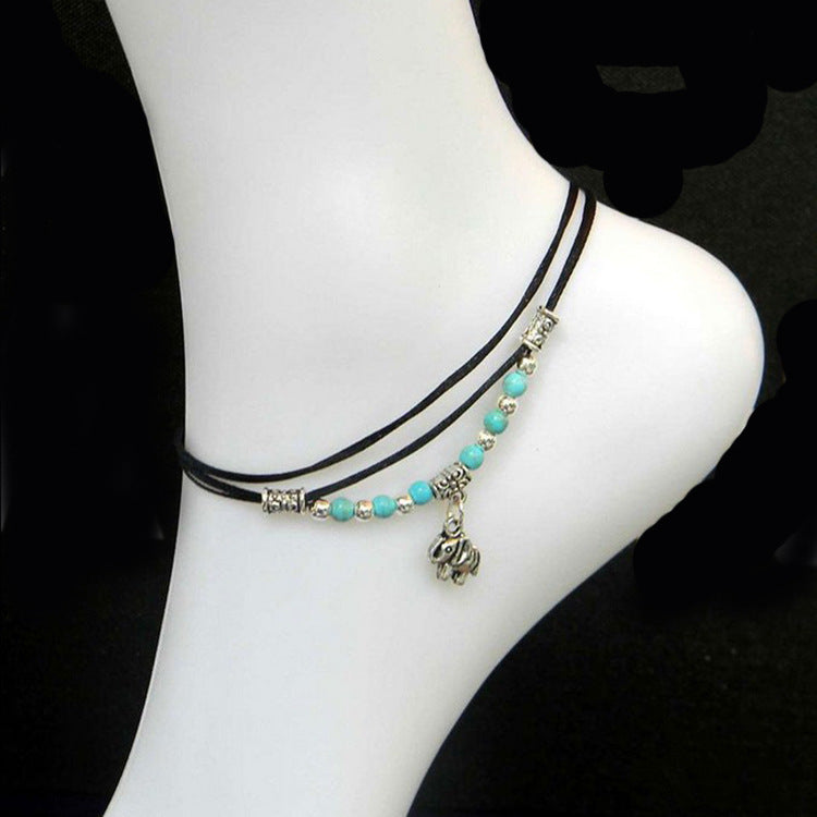 Elephant Yoga Turquoise Beaded Anklet