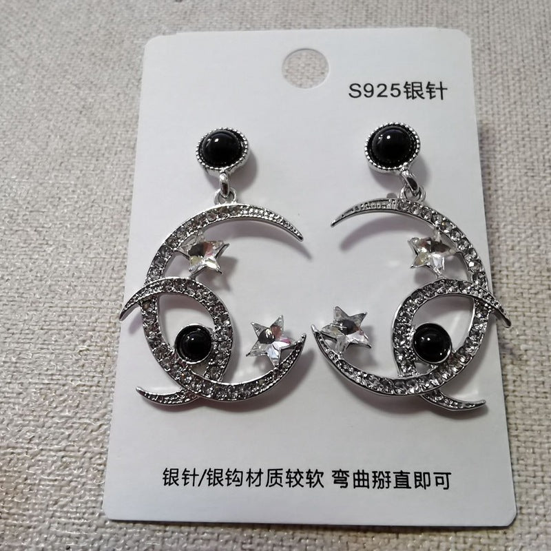 Diamond Crystal Five-pointed Star Moon Earrings Retro