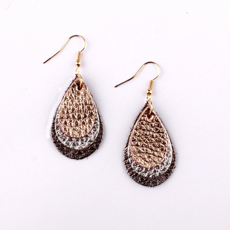 Three Layered Glitter Pride Litchi Print PU Leather Teardrop Earrings Rose Gold Multi-layer Leather Hook Earrings Brincos