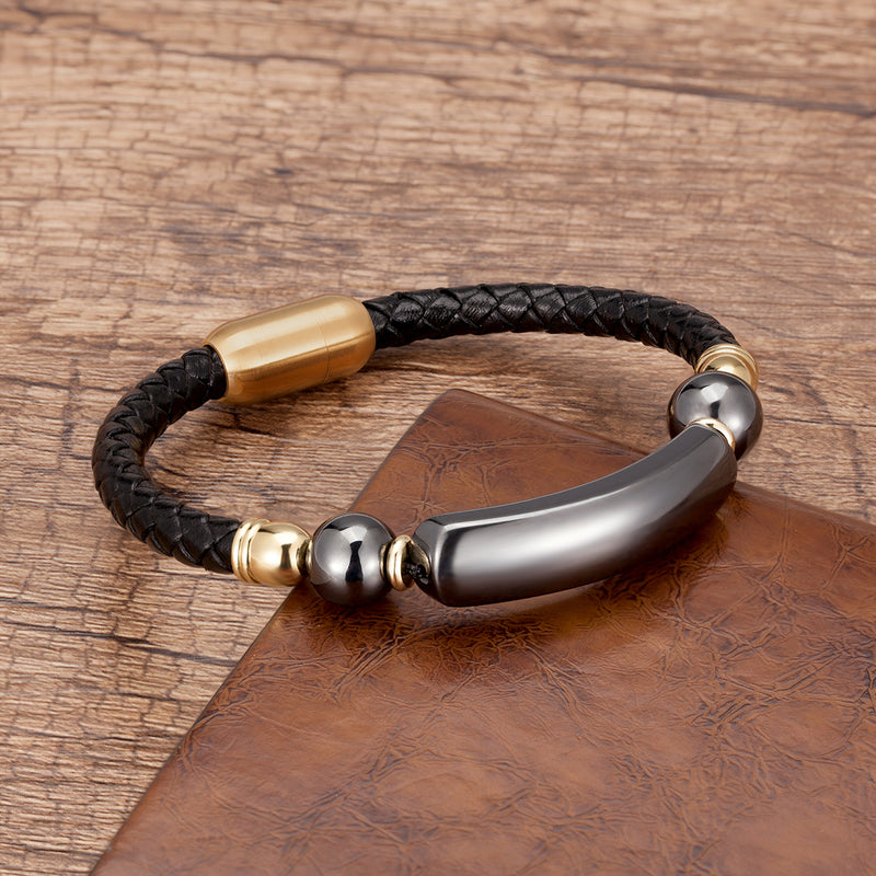 Curved Stone Leather Rope Braided Bracelet