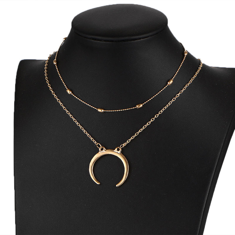 European cross-border fashion accessories double copper bead Moon Pendant horn Necklace Chain multi clavicle