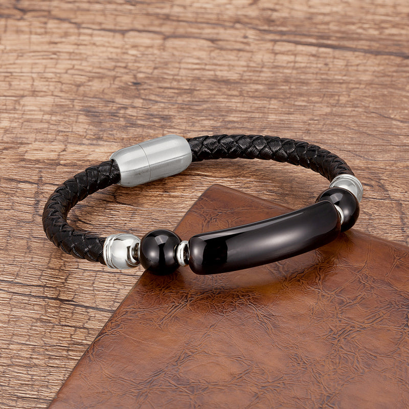 Curved Stone Leather Rope Braided Bracelet