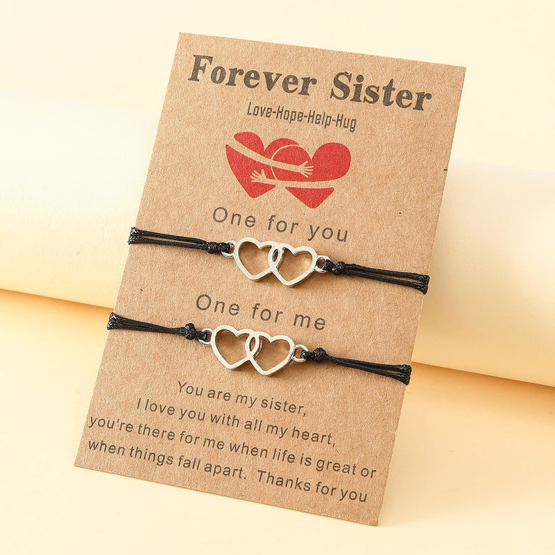 Good Sisters Card Alloy Double Heart Wax Line Bracelet