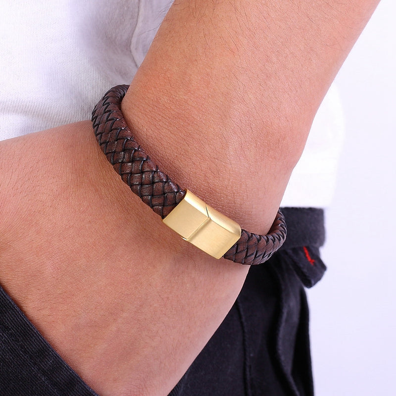 Stainless Steel Bracelet Fashion Couple Braided Leather Cord