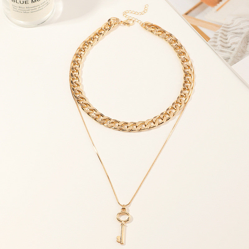 Simple Key Double-layer Necklace With Chain Metal Texture