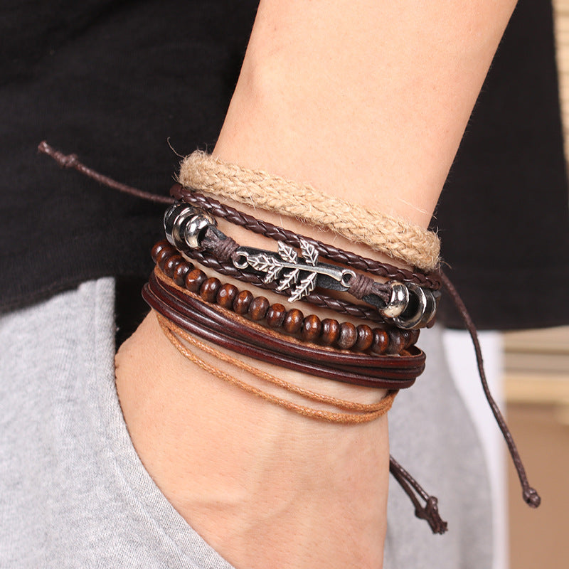 Alloy Maple Leaf Leather Bracelet Multi-layer Ethnic Style Retro Hemp Rope Hand-knitted Accessory