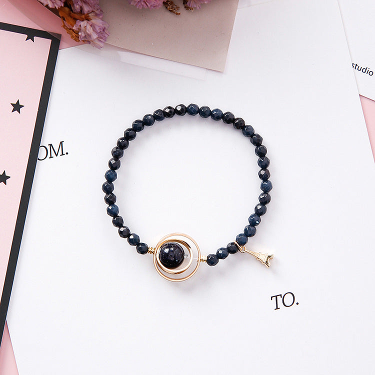Women's Sweet Simple Hollow Geometric Round Crystal Beaded Bracelet With Tower Charm